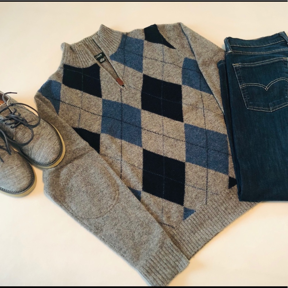 JCrew Men’s Lambswool Argyle 3/4 Zip Sweater